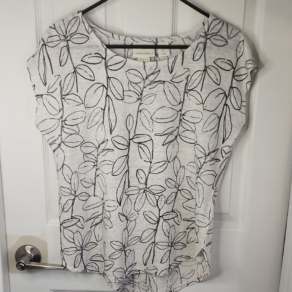 Cynthia Rowley Scoop Neck Linen Top with Black Leaf Sketch